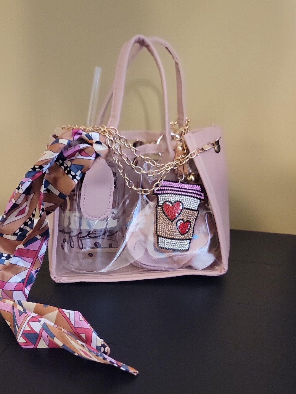 Clear Pink Tote Bag with Decorative Scarf and Charm